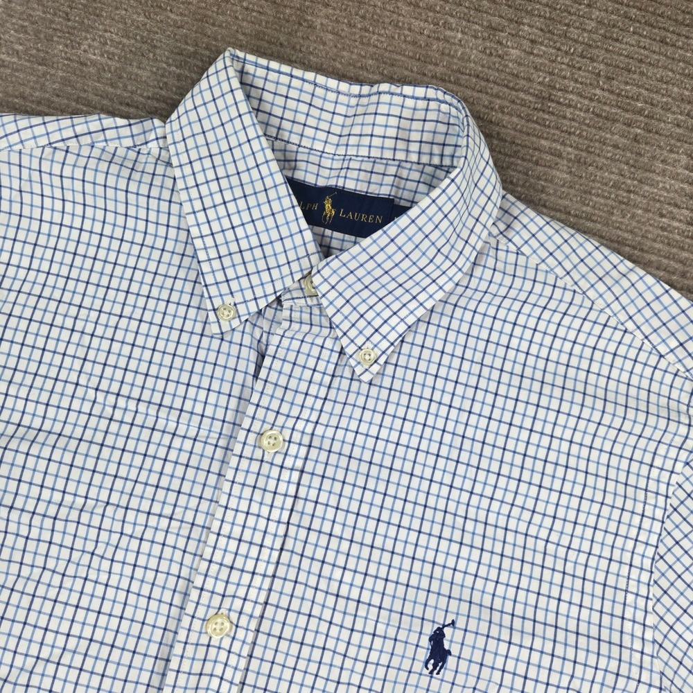 Ralph Lauren Mens M Blue White Tattersall Check Cotton Short Sleeve Button Down